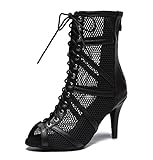 MINITOO Damen Latin Standard Tanzschuhe Mesh Abend Sandalen Stiefeletten Sommer Sexy Tanzstiefel L555 Schwarz EU 41