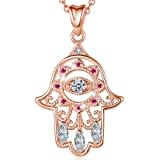 EUDORA 925 Sterling Silber Fatimas Hand Kette Hamsa Hand Halskette Blaue Böse Auge Viel Glück Klar CZ Vintage Anhänger Halskette, 18" Kette (Roségold)