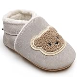 IceUnicorn Krabbelschuhe Baby Winter Krabbelschuhe Gefüttert Plüsch Hausschuhe Baby Lauflernschuhe Warm Weiche Leder Babyschuhe(Grauer Bär P, 6-12 Monate)