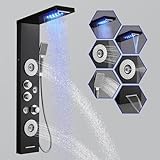 ROVOGO Duschpaneel mit Thermostat LED, 5-Funktion (Regendusche, Wasserfall, Massagedusche, Handbrause und Badewanneneinlauf), 304 Edelstahl Duschsäulen mit Armatur und LED Beleuchtet, Schwarz