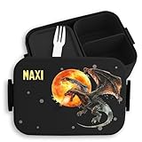 Kinder Bento Box Midi Lunchbox Mepal Bentobox - Drache - Brotdose mit Drachen für Jungen | Personalisierbar mit Namen | Geschenk für den Schulstart und Kindergarten - 900 ml - Schwarz - dragons