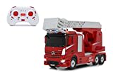 JAMARA 405212 - Feuerwehr Drehleiter Mercedes-Benz Antos 1:24 2,4GHz – realistischer Motorsound, Hupe, drehbare/ausfahrbare Leiter, LED Signallichter, Feuerwehrsirene, Fahr- und Rückfahrlicht, rot