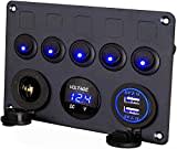 Thlevel 12V/24V Schalter Panel 5 Gang Kippschalter Panel mit 5V 4.2A Dual USB Ladegerät, wasserdichte LED Spannungsmesser, Zigarettenanzünder Buchse für Marine Boot Wohnmobil Auto LKW Baufahrzeug