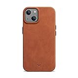 WIIUKA Hülle für iPhone 15, Leder aus Deutschland, Lederhülle extra Dünn, Premium Handyhülle, Case, Qi, Vintage Cognac Braun