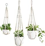 Mkouo 3er Set Makramee Blumenampel Pflanzenhänger Innen Pflanzkorb Hängender Blumentopfhalter Baumwollseil mit Perlen ohne Quasten, 58cm/73cm/89cm