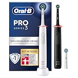 Oral-B Pro Series 3 Plus Edition Doppelpack Elektrische Zahnbürste, 4 Aufsteckbürsten, mit visueller 360° Andruckkontrolle für Zahnpflege, Designed by Braun, Black/White