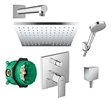 Hansgrohe Duschsystem mit Unterputz Duscharmatur von Hansgrohe Regendusche mit Armatur, Duschkopf eckig, Wandarm Dusch-SET HGK01 poliert