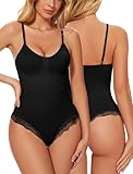 SURE YOU LIKE Shapewear Damen Bodysuit Figurformender Bauchweg Stark Formend Body Shaper Bodysuit Spitzen Shapewear String Bodysuit Miederbody Tanga Unterwäsche, Schwarz, XXL