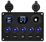 12V/24V Schalter Panel, 5-fach Kippschalter Panel mit 5V 4.2A Dual USB Ladegerät, wasserdichtem LED-Spannungsmesser, Zigarettenanzünder-Buchse für Boot, Wohnmobil, Auto