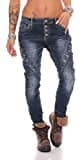 Fashion4Young MOZZAAR Damen Jeans Röhrenjeans Haremshose Hüftjeans Baggy Haremsjeans Boyfriend (XS=34, 10793-Dunkelblau)