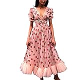 BSTTAI Sommer Pailletten Stickerei Sweet Rosa Strawberry Kleid,Elegant Netzgarn Spitzen Erdbeere Maxikleider V-Ausschnitt Partykleid, Lange Kleid Frühling Sommer Freizeitkleidung