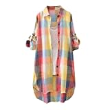 Karierte Bluse Damen Oversize Langarm Shirt Lang Knopfleiste Hemd Lose Frühling Sommershirt Blusenshirt Oberteile Tunika Große Größen Tops T-Shirts & Blusen für Frauen Übergröße Longbluse