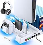 OIVO PS5/PS5 Slim Ständer mit 3 stufig Lüfter und Licht, PS5 Standfuß mit 4 USB Ports/PS5 Controller Ladestation/Headset Halter/Remote Steckplatz/14 Spiele Aufbewahrung für PS5 Zubehör