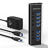 RSHTECH Aluminium 24W USB Hub Aktiv 3.0 mit 12V/2A Netzteil, 7-Port USB 3.0 Hub Multiport USB 3.0 Verteiler, zum Laden und zur Datenübertragung, mit Einzelnen On/Off Schalter und LED (RSH-A37S)