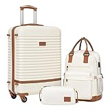 COOLIFE Koffer Trolley Koffer Reisekoffer von ABS Hartschalen Trolley 4 Rollen TSA-Schloss Der Koffer Enthält 1 Reiserucksack und 1 Kulturbeutel (Weiß/Braun, Mittlerer Koffer-Set 3tlg)