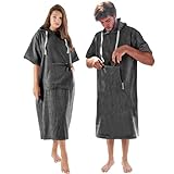 CalmyBEACH Frottee Badeponcho Damen Herren - Surf Poncho 100% Baumwolle Strandponcho mit Reißverschlussfach Kapuze Umziehhilfe Strand Bademantel (L-XL, Anthrazit)