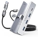 ORICO USB Hub, Aluminum USB 3.0 Hub Clip mit 5V Stromversorgungsanschluss, 5Gbps 4 Port USB Verteiler mit 3 USB-A 3.0 und 1 USB-C 3.0, 100cm Kabel (C auf A/C), für Monitoren, Schreibtischen, Silber