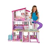 Barbie Puppenhaus, Barbie Traumvilla (ohne Barbie Puppe), komplett möbliert, 3 stöckig, 8 Zimmer inkl. Pool, Rutsche und Aufzug, 70 Accessoires, Spielzeug ab 3 Jahre, GNH53