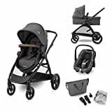 Maxi-Cosi Zelia S Trio Kinderwagen 3 in 1 Komplettset, Baby 0-4 Jahre, bis 22 kg, Zusammenklappbar, Kompakt, Verstellbarer , mit CabrioFix S i-Size Babyschale,Zubehör, Wickeltasche,DarkGrey