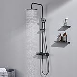 Auralum Duschsystem mit Thermostat Schwarz Höhenverstellbar, Duschsystem mit Duscharmatur Regendusche, Duscharmatur Komplettset aus Edelstahl mit 3 Strahlarten Handbrause