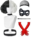 Perücke für Cruella Deville Frauen+Handschuhe+ Perückenkappe+Maske+Holder+Halskette Set, Kurz Schwarz Weiß Cosplay Perücken mit Pony für Karneval Halloween Cosplay Party Fancy Dress 024A