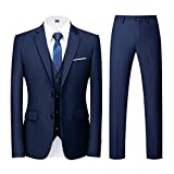 KUDORO Herren Anzüge 3-teilig Slim Fit Einreihig Zwei Knöpfe für Hochzeit Business Anzug Herren Formell Sakko Weste Hose(Blau,L)