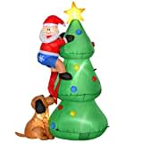 HOMCOM Aufblasbarer Weihnachtsbaum mit Weihnachtsmann und Hund, 180 cm, LED Weihnachtsdeko, Selbstaufblasend, Wetterfest, Polyester, 123 x 85 x 180 cm