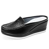 Solshine Damen Leder Blumen Plateau Keilabsatz Slipper Pantoffeln Schwarz3 39EU