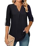 Amrto Damen Bluse Elegant Long Bluse Damen Sommer Elegant Bluse Tunika Schwarze Damen Blusenshirt Lässig Blusen Damen 3/4 Arm Longbluse Schwarz Elegant Blusen Damen, L