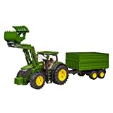 bruder 03155 - John Deere 7R 350 mit Frontlader & Tandemachstransportanhänger - 1:16 Traktor Bulldog Schlepper Trecker Landwirtschaft Bauernhof Anhänger Kipper bworld Spielzeug