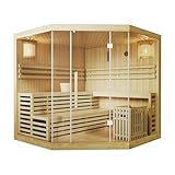 Artsauna Saunakabine Espoo 200 Premium mit Harvia Ofen — 5 Personen — Hemlock Holz, Glasfront und LED Licht — Inkl. Thermometer & Sanduhr —Komplett Set