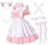 Anime French Maid Schürze, Lolita, Faschingskostüm, Cosplay Kostüm, pelzige Katze, Ohren, Handschuhe, Socken-Set, rose, Medium