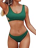 CUPSHE Damen Bikini Set U Ausschnitt Rückenfrei Bandeau Bikini Gerippte Bademode Cut-Out Zweiteiliger Badeanzug Blaugrün S