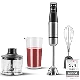 KLAMER Stabmixer Set 1000 Watt, 4 in 1 Pürierstab Edelstahl mit SmartSpeed per Finderdruck, inkl. 3-teiligem Zubehör-Set, Messbecher & Schneebesen