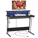 VASAGLE Schreibtisch, Gaming Tisch mit eingebauter Steckdosenleiste, Computertisch, mit Monitorständer für 2 Monitore, Schlafzimmer, 60 x 100 x 76 cm, ebenholzschwarz LWD191B56