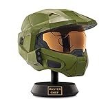 Halo Master Chief Deluxe Helm mit Ständer – LED-Leuchten auf jeder Seite – Kampf beschädigte Farbe – Einheitsgröße – bauen Sie Ihr Universum auf