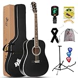 Winzz Schwarz Akustikgitarren 4/4, Anfänger Gitarren 41 Zoll mit Gitarrentkoffer, Stimmgerät, Gurt, Plektren, Extra Saite und Gitarrenständer