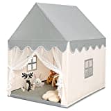 COSTWAY Kinderzelt Indoor, Kinderspielhaus für Jungen Mädchen Prinzess Prinzessin, Kinderspielzelt mit Massivholzrahmen & Baumwolldecke, Kinder Spielhaus für Drinnen, 120x105x140cm (Beige+Grau)