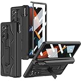 Miimall Hülle Kompatibel mit Samsung Galaxy Z Fold 2 Hülle mit S Pen Halter + Stift, Robust PC Handyhülle mit Glas Displayschutz + Ständer Scharnierschutz Case für Samsung Galaxy Z Fold 2 -Schwarz