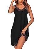 Ekouaer Damen Nachthemd Ärmellos Chemise Nachtwäsche Sexy Lose Full Slips Spitze Negligee V-Ausschnitt Nachtwäsche Soft Jersey Dessous Schwarz L