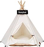 Sunnykud Tipi Zelt für Haustiere Hundezelt Katzenzelt Haustierzelte Häuser mit Kissen Abnehmbar und Waschbar Haustierbett Wegklappen Haustier Hundebett Katzenbett (S:40x40x50cm, weiß)