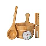 SunnyDeals klassisches Saunazubehörset | Saunaset 5-teilig aus naturbelassenem Holz | Saunaeimer & Kunststoffeinsatz 4l | Saunakelle | Temperaturmessgerät | Sanduhr