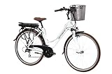 F.lli Schiano E-Ride 28 Zoll City E-Bike, Elektrofahrrad für Damen Herren, Pedelec mit 250W Motor, Shimano 21-Gang-Getriebe, in Weiss mit Korb, Weiß