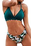 CUPSHE Damen Bikini Set mit Muschelkante Triangel Bikini Tropicalmuster Bademode Zweiteiliger Badeanzug Grün L