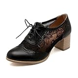 ErikenUrben Damen Mesh Oxfords High Heels Vintage Schnürenschuhe Blockabsatz Wingtip Schuhe Business Buro Kleid Pumps Schuhe Black Große 40 Asiatisch