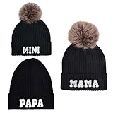 Kunyeah 3Pcs Eltern-Kind Beanie Hut Mama Papa Baby Matching Hüte Winter warme Mütze mit Bommel Frauen Männer gestrickte Mütze (DE/NL/SE/PL, Alphanumerisch, Einheitsgröße, Schwarz)