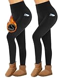 Missluck 2er Pack Thermo Leggings mit Taschen Damen im Winter, High Waist Gefüttert Thermoleggins für Sport（Schwarz/Schwarz,S/M）