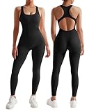 RXRXCOCO Gerippte Ärmellos Jumpsuits Damen Lang Eng Tank Rückenfreie Padded Einteiler Bauchweg Sport Yoga Overall Romper Schwarz L