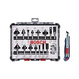 Bosch 15tlg. Fräser Set mit Cuttermesser (für Holz, Ø 8 mm Schaft, Professional Zubehör Oberfräse)