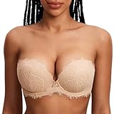 DOBREVA Damen Trägerloser Push Up BH Spitzen Tiefer Ausschnitt Bügel BHS Gepolsterter mit Abnehmbaren Trägern Beige 80B